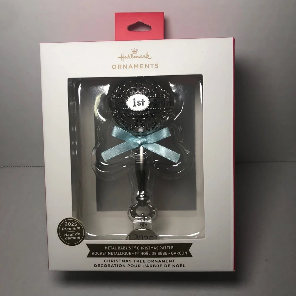 2025 Baby's First Christmas Ornament Hallmark Sliver Rattle Blue Bow Boy